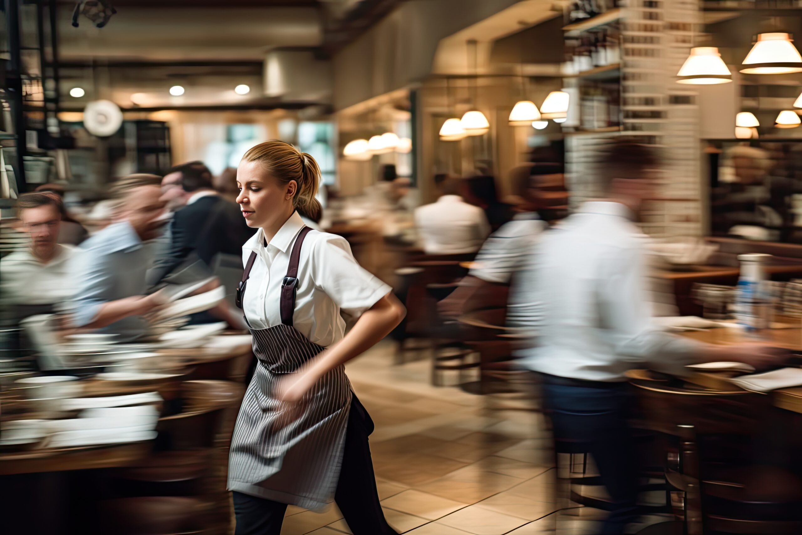 Busy restaurant with worker rushing around