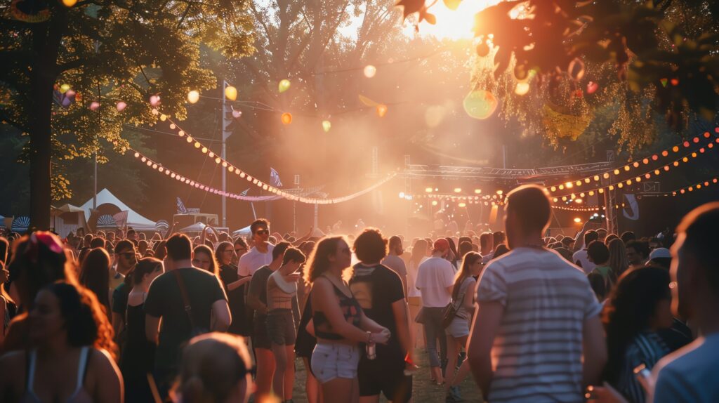 People gather at an outdoor festival with the sun setting in the background.
