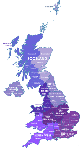 A map of the UK highlighting the areas of coverage for Berkeley cott